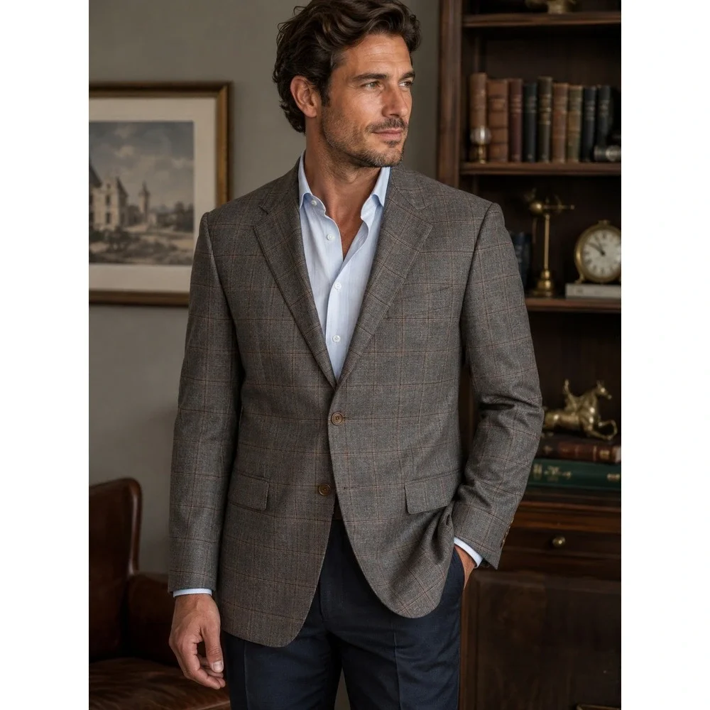 Daniel Cremieux Collection Mens Gray Brown Plaid 2-Button Sport Coat Blazer
